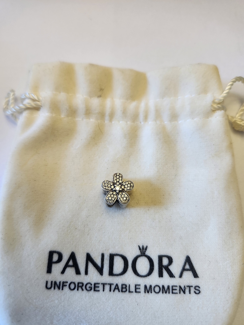 Retired Pandora Silver Daisy Flower Pavé Charm Spacer Bead with Clear Stones